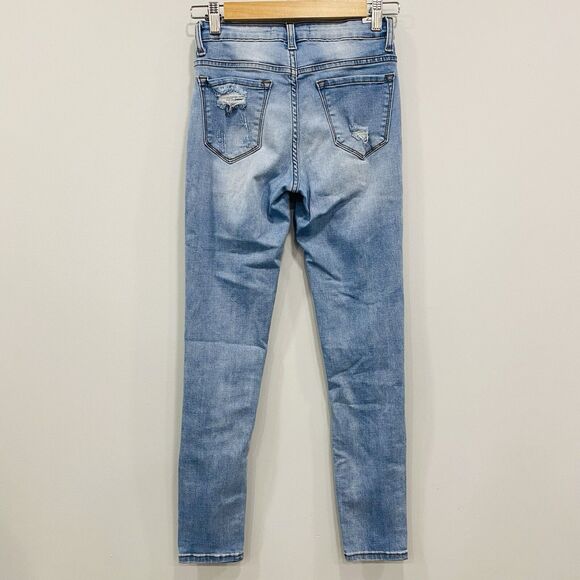KANCAN 3/25 Low Rise Light Wash Distressed Thrashed Skinny Jeans 90s Y2K Biker - Picture 4 of 16